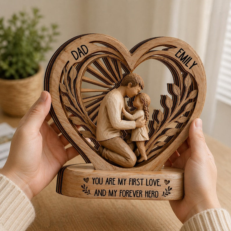 Personalized Dad And Child Wooden Heart Block, Dad And Daughter, Dad And Son Gift