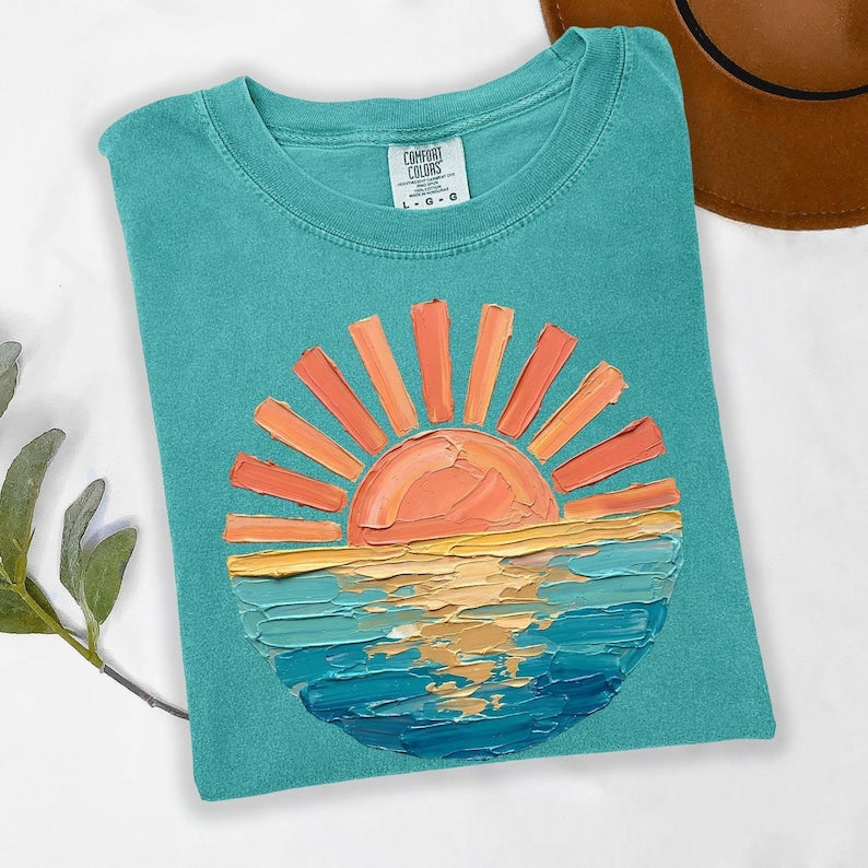 Sunset Beach Shirt, Coastal Ocean Graphic Tee, Retro Summer Vacation Shirt