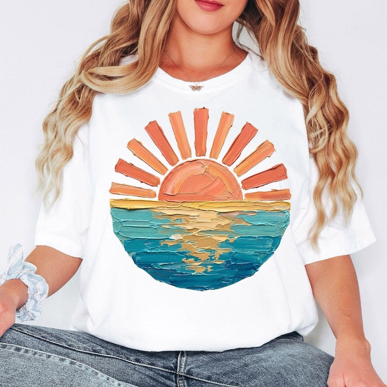 Sunset Beach Shirt, Coastal Ocean Graphic Tee, Retro Summer Vacation Shirt