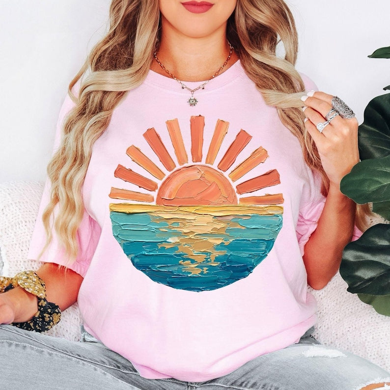 Sunset Beach Shirt, Coastal Ocean Graphic Tee, Retro Summer Vacation Shirt