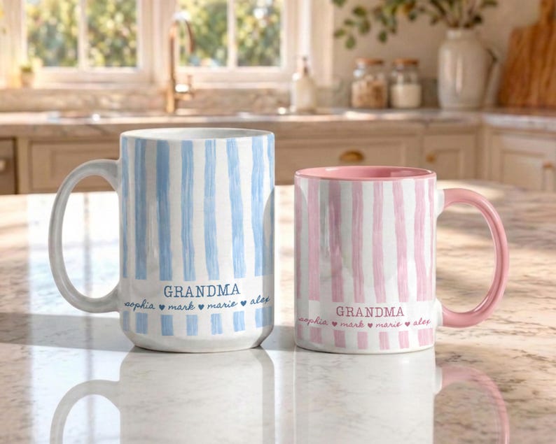 Personalized Grandma Striped Mug, Custom Grandchild Name Pregnancy Announcement