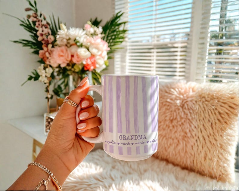 Personalized Grandma Striped Mug, Custom Grandchild Name Pregnancy Announcement