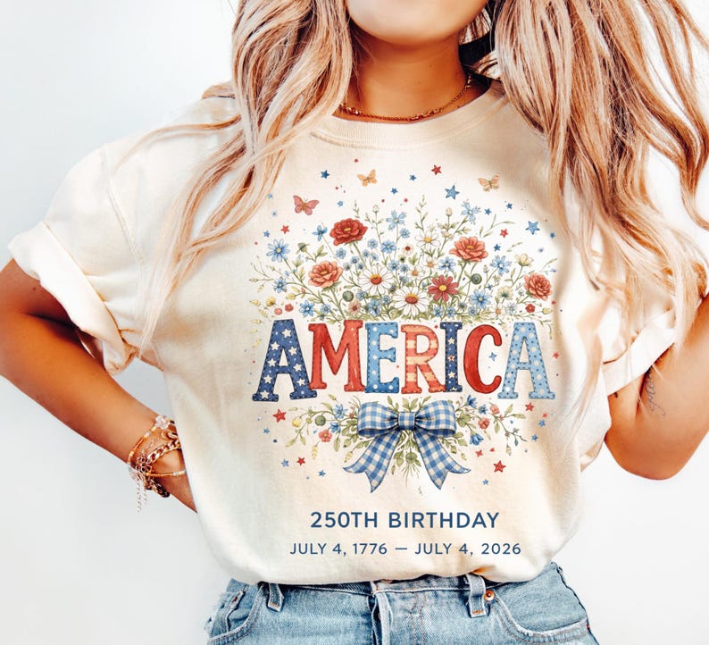 America 250th Birthday Shirt, 4th Of July 2026 Patriotic Floral T-Shirt