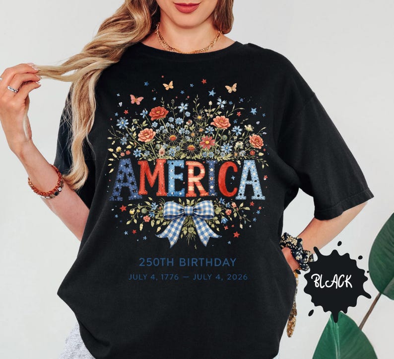 America 250th Birthday Shirt, 4th Of July 2026 Patriotic Floral T-Shirt