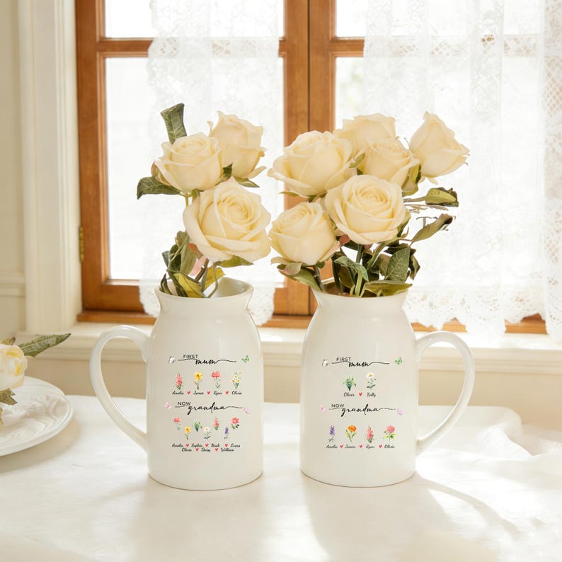 Personalized First Mom Now Grandma Flower Vase, Birth Month Flower Vase