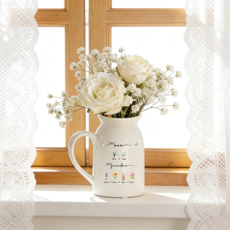 Personalized First Mom Now Grandma Flower Vase, Birth Month Flower Vase