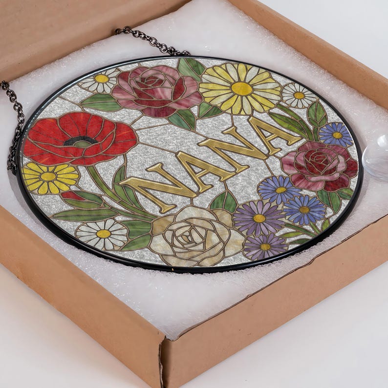 Custom Grandma Nana Mom Floral Stained Glass Suncatcher, Mother's Day Gift