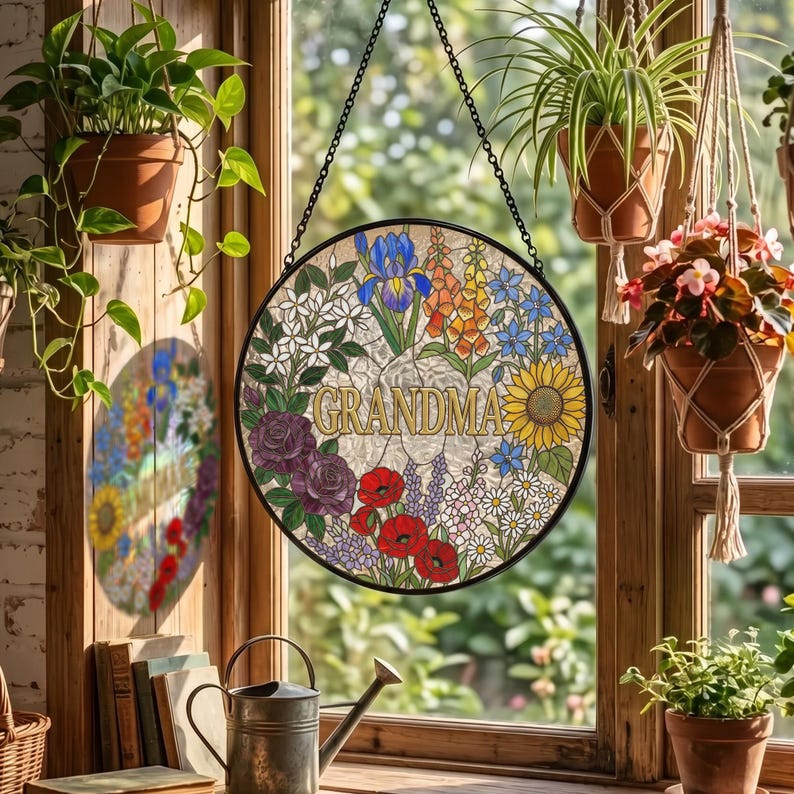 Custom Grandma Nana Mom Floral Stained Glass Suncatcher, Mother's Day Gift