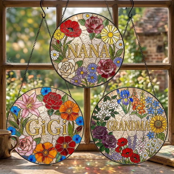 Custom Grandma Nana Mom Floral Stained Glass Suncatcher, Mother's Day Gift