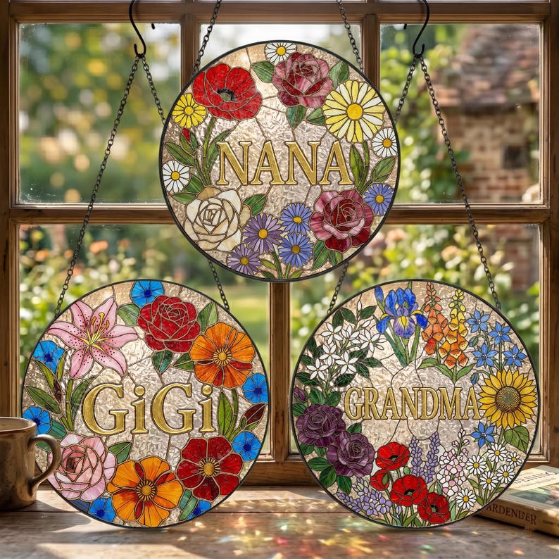 Custom Grandma Nana Mom Floral Stained Glass Suncatcher, Mother's Day Gift