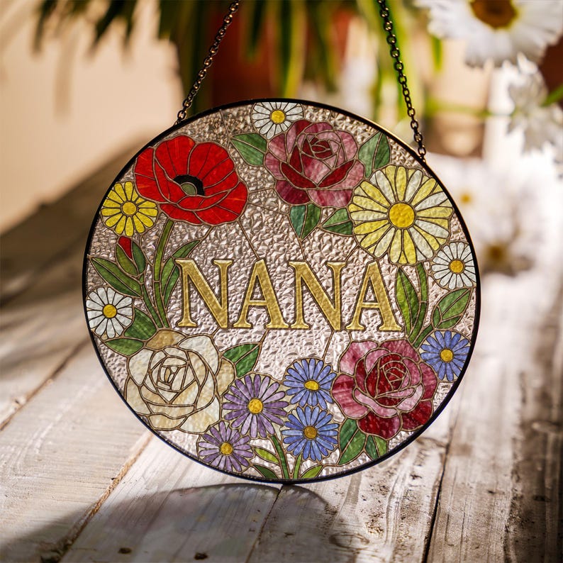 Custom Grandma Nana Mom Floral Stained Glass Suncatcher, Mother's Day Gift