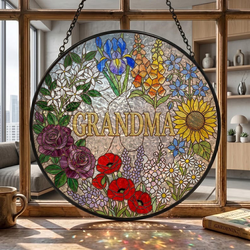 Custom Grandma Nana Mom Floral Stained Glass Suncatcher, Mother's Day Gift