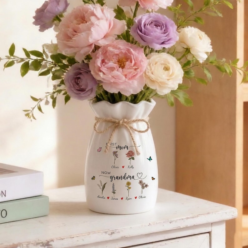 Custom First Mom Now Grandma Ceramic Flower Vase, Birth Month Flower Vase