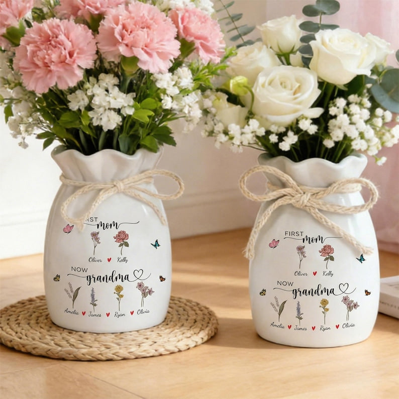 Custom First Mom Now Grandma Ceramic Flower Vase, Birth Month Flower Vase