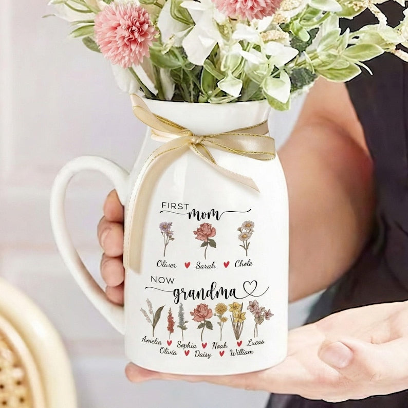 Custom First Mom Now Grandma Ceramic Flower Vase, Birth Month Flower Vase