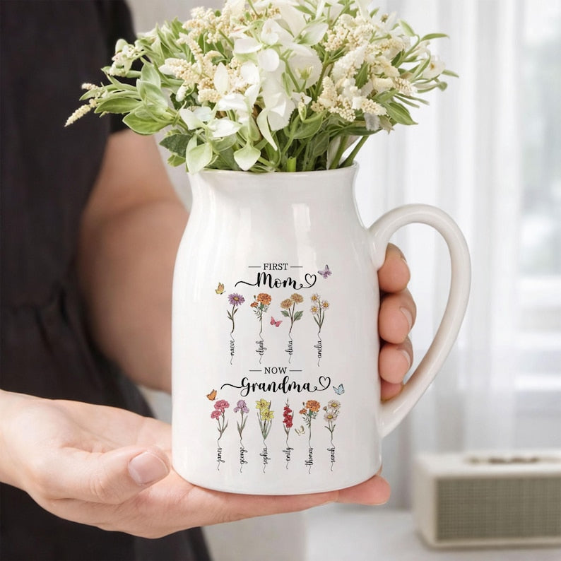 Personalized First Mom Now Grandma Gift, Custom Birth Month Flower Vase