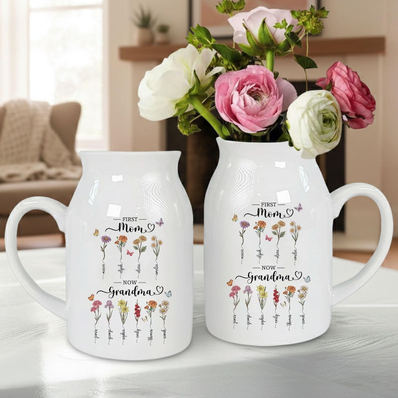 Personalized First Mom Now Grandma Gift, Custom Birth Month Flower Vase
