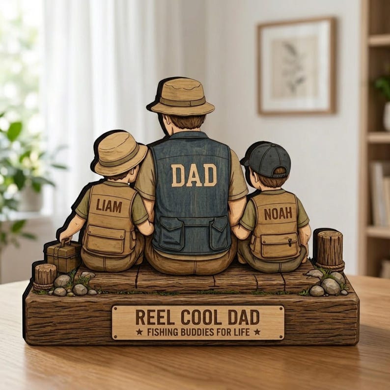 Personalized Fishing Dad Wooden Block, Custom Reel Cool Dad Rustic Keepsake