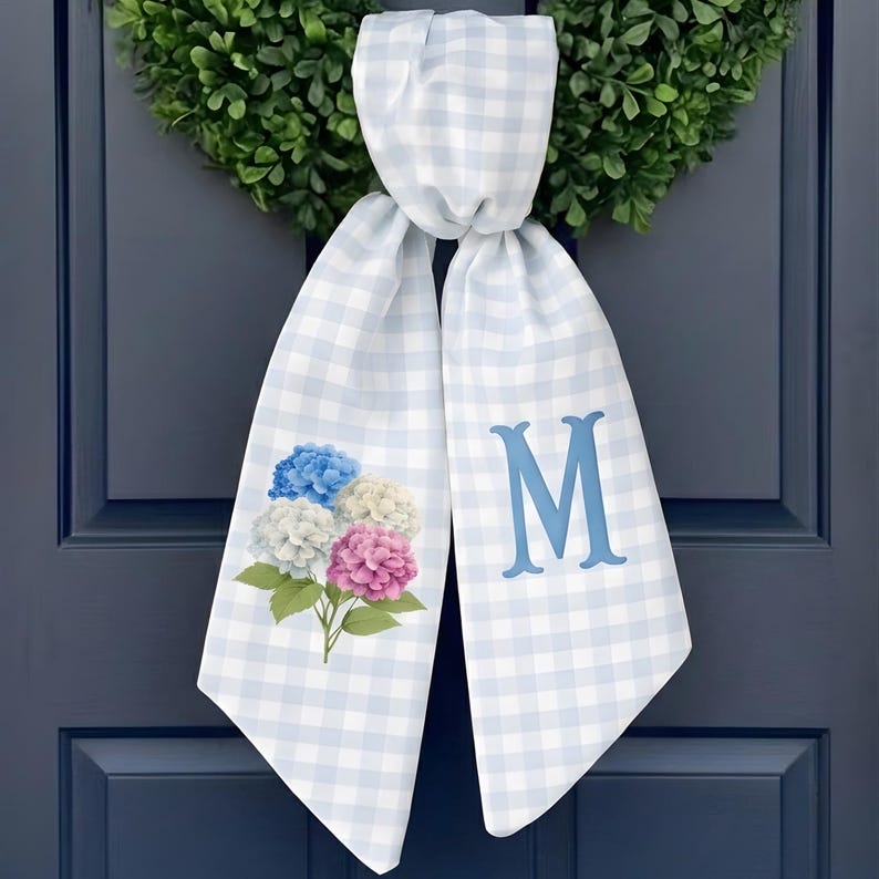 Personalized Blue Gingham Spring Wreath Sash With Hydrangea Monogram Front Door Bow