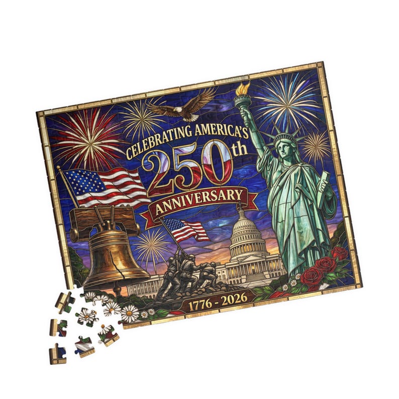 America's 250th Anniversary Stained Glass Style Jigsaw Puzzle July 4th Independence Day Celebration
