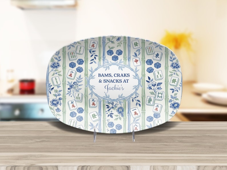 Personalized Mahjong Platter, Bams Craks & Snacks Oval Serving Tray, Blue White Bamboo Game Night