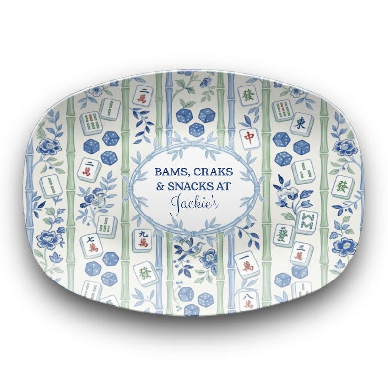 Personalized Mahjong Platter, Bams Craks & Snacks Oval Serving Tray, Blue White Bamboo Game Night