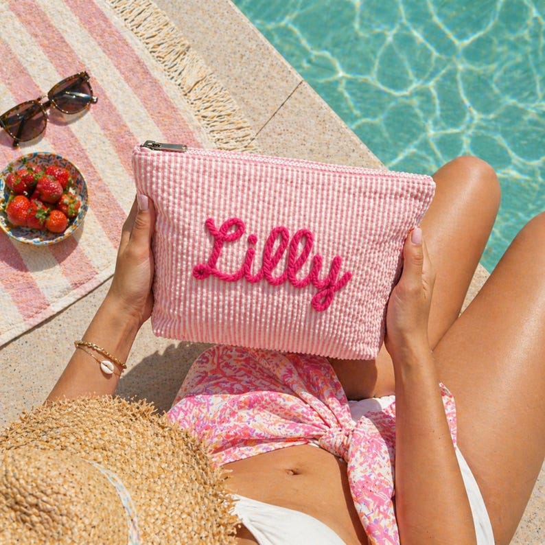 Personalized Seersucker Cosmetic Bag, Embroidered Monogram Pouch