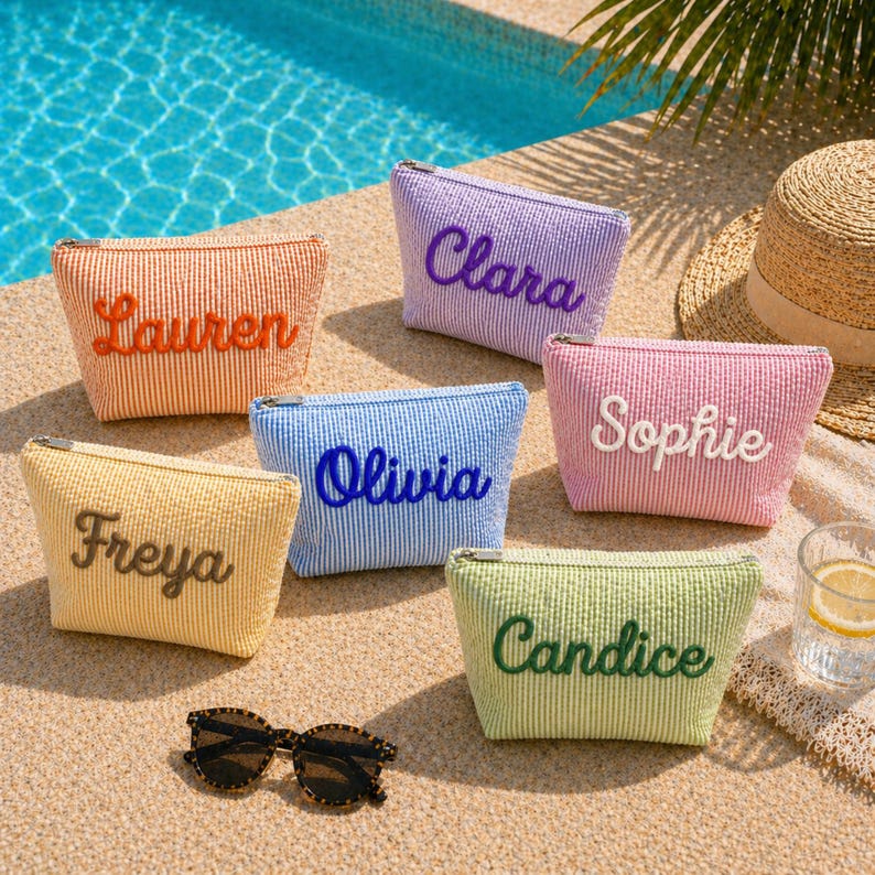 Personalized Seersucker Cosmetic Bag, Embroidered Monogram Pouch