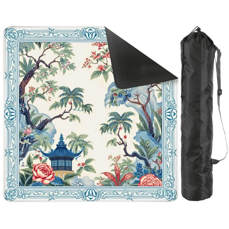 Tropical Garden Mahjong Mat, Blue Pagoda Bird Design Mat