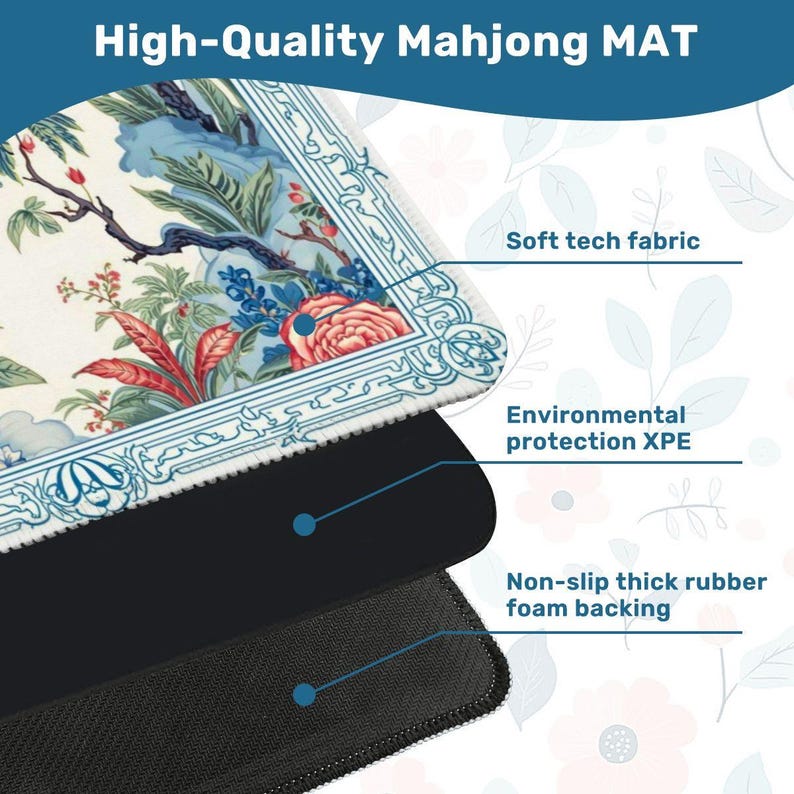 Tropical Garden Mahjong Mat, Blue Pagoda Bird Design Mat