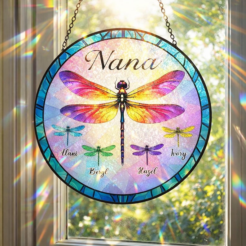 Personalized Dragonfly Grandma Garden Stained Glass Suncatcher, Mother Day Gift