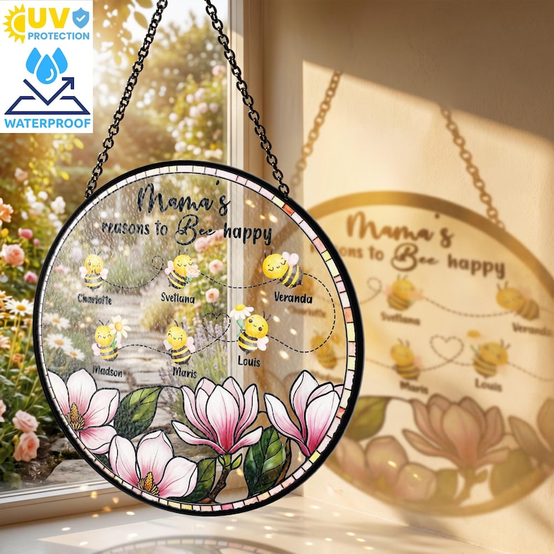 Personalized Grandma Bee Happy Stained Glass Suncatcher, Mother's Day Gift