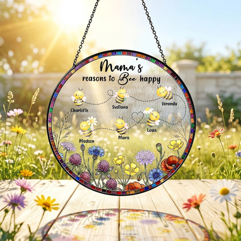 Personalized Grandma Bee Happy Stained Glass Suncatcher, Mother's Day Gift