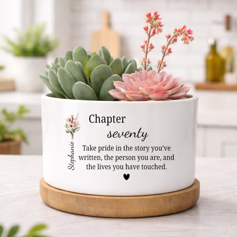 70th Birthday Ceramic Plant Pot, Chapter Seventy Birthday Gift