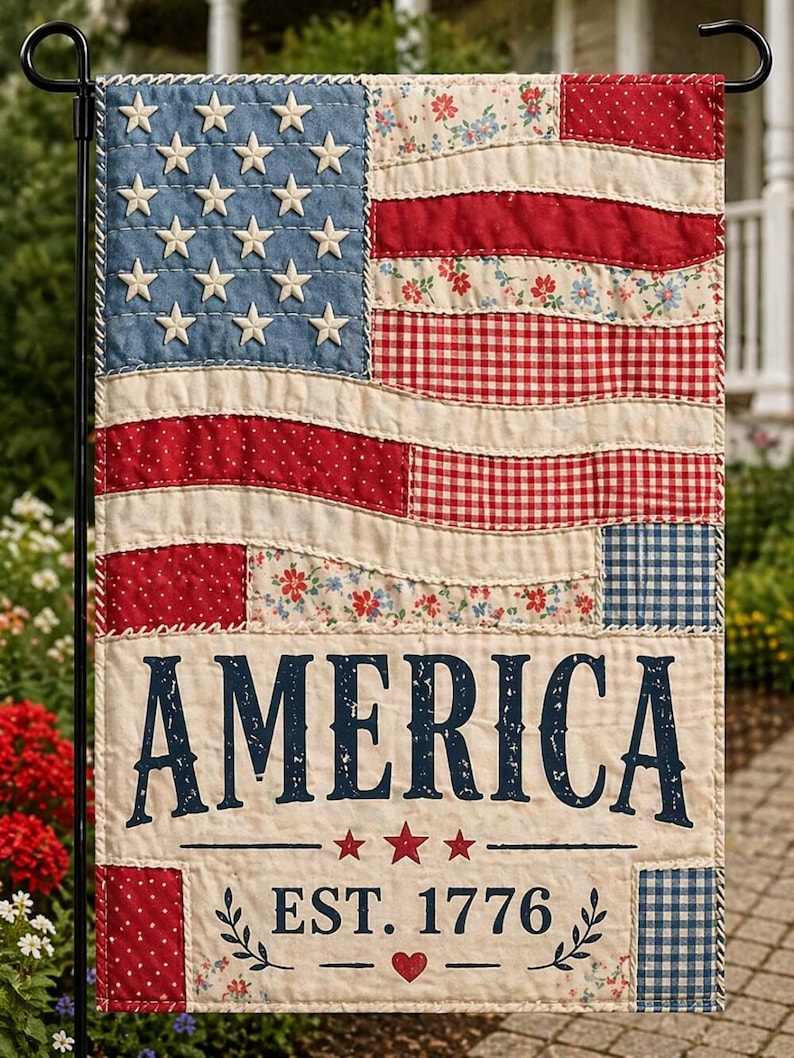 Faux Patchwork 250th Anniversary 4th of July Decor, USA 250 Years Garden Flag