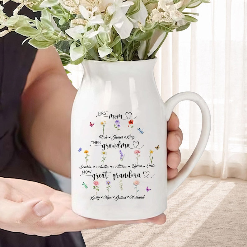 Custom First Mom Now Great Grandma Ceramic Flower Vase, Birth Month Vase