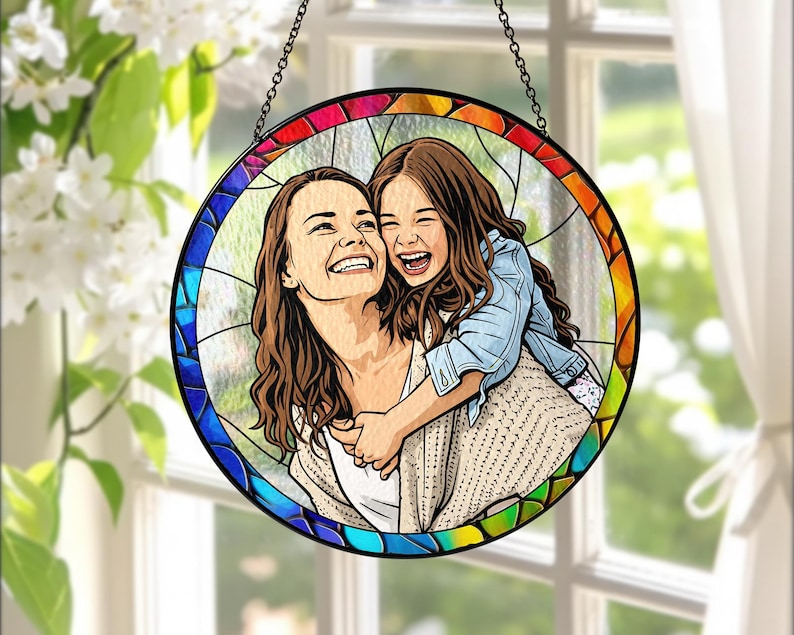 Custom Stained Glass Mom Portrait Suncatcher, Mothers Day Gift