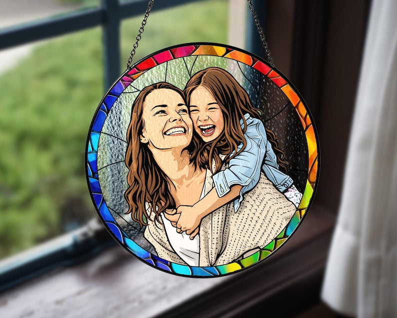 Custom Stained Glass Mom Portrait Suncatcher, Mothers Day Gift