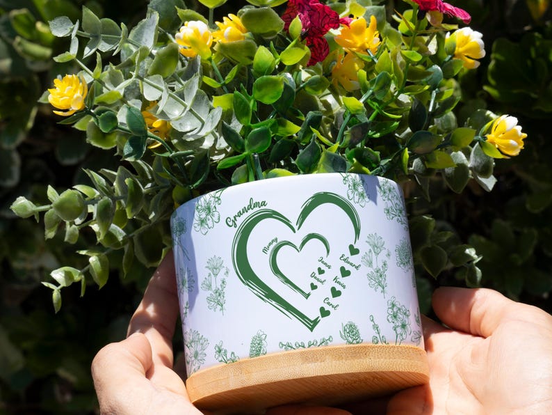 Personalized Mom And Grandma Heart Plant Pot, Mum-Nana Generation Flower Planter