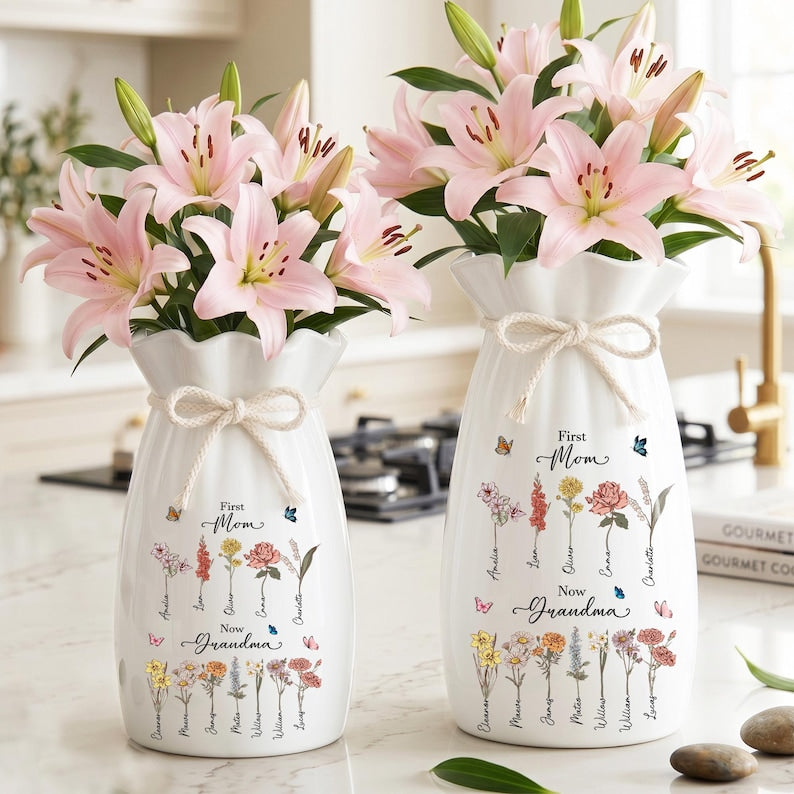 Custom First Mom Now Grandma Ribbon Tie Ceramic Flower Vase, Birth Month Flower Vase
