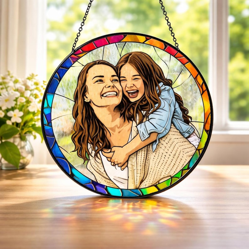 Custom Stained Glass Mom Portrait Suncatcher, Mothers Day Gift