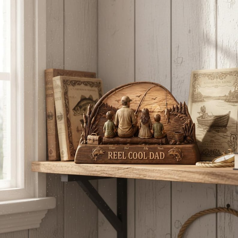 Personalized Reel Cool Dad Fishing Lover Wooden Sculpture Custom 2D Flat Kid Name Father's Day