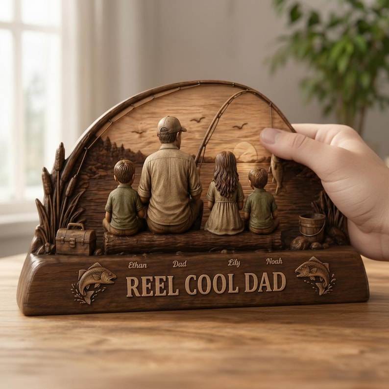 Personalized Reel Cool Dad Fishing Lover Wooden Sculpture Custom 2D Flat Kid Name Father's Day