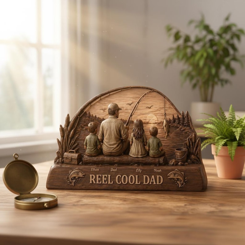 Personalized Reel Cool Dad Fishing Lover Wooden Sculpture Custom 2D Flat Kid Name Father's Day