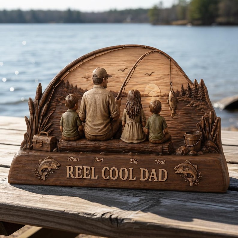 Personalized Reel Cool Dad Fishing Lover Wooden Sculpture Custom 2D Flat Kid Name Father's Day