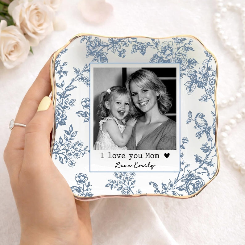 Personalized Mom Photo Jewelry Tray, Custom Toile De Jouy Mom Photo Ring Dish