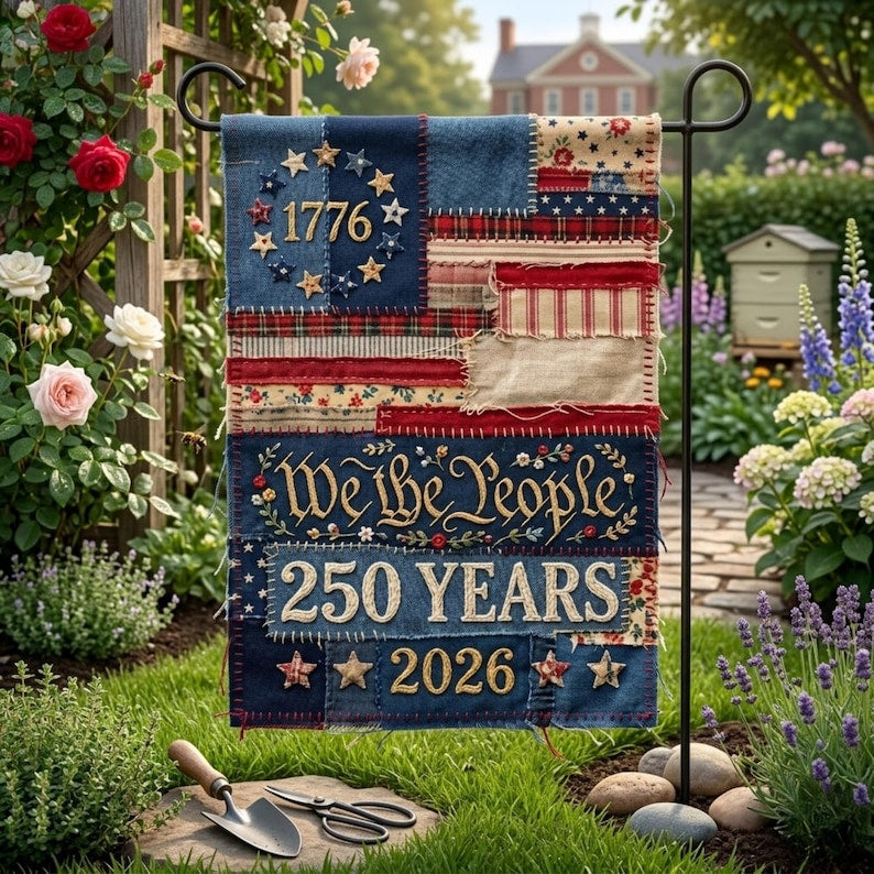 Vintage Faux Patchwork American Flag, We the People 1776 Americana, 250 Years