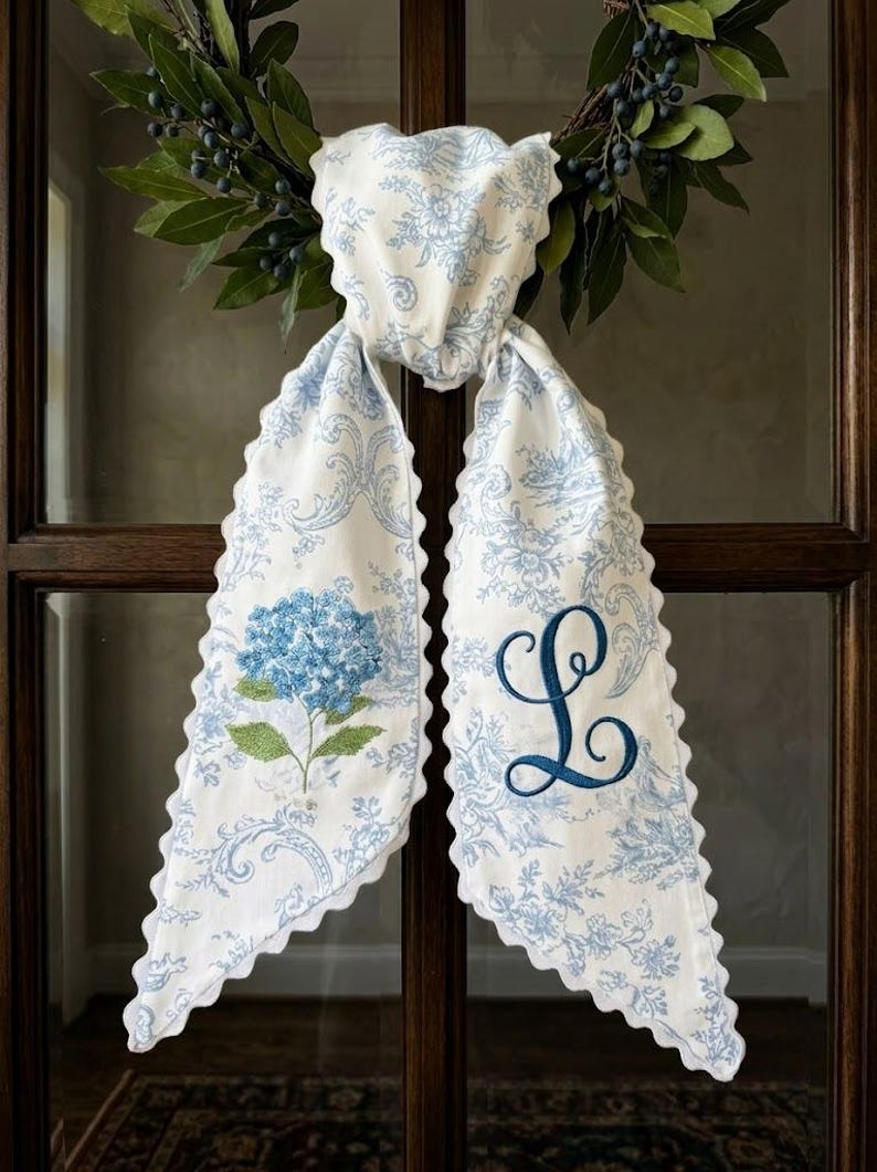 Custom Hydrangea Wreath Bow, Personalized Monogram Sash, Blue Floral Door Decor, Wedding & Housewarming Gift