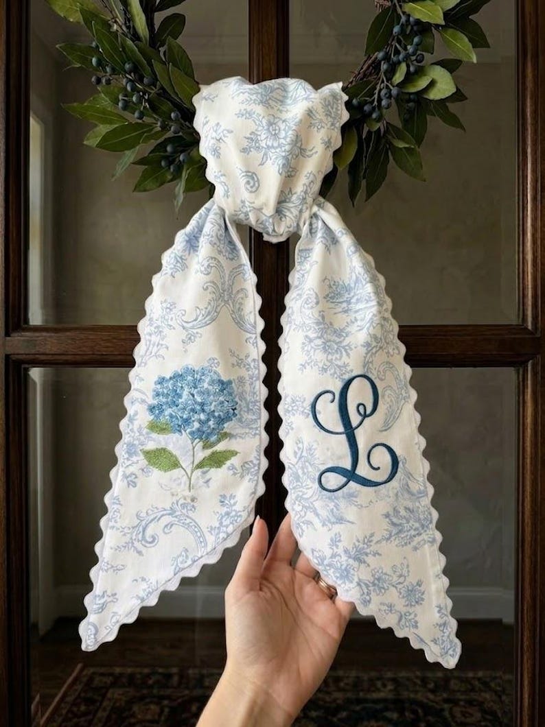 Custom Hydrangea Wreath Bow, Personalized Monogram Sash, Blue Floral Door Decor, Wedding & Housewarming Gift
