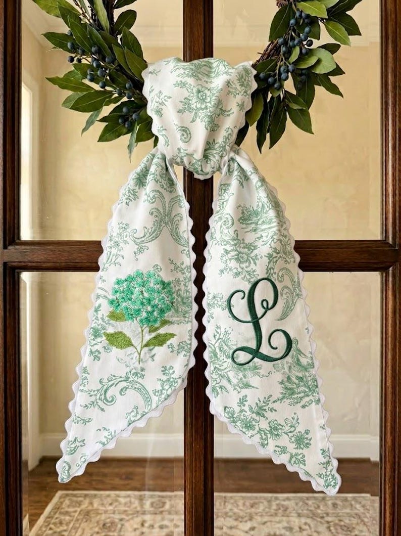 Custom Hydrangea Wreath Bow, Personalized Monogram Sash, Blue Floral Door Decor, Wedding & Housewarming Gift